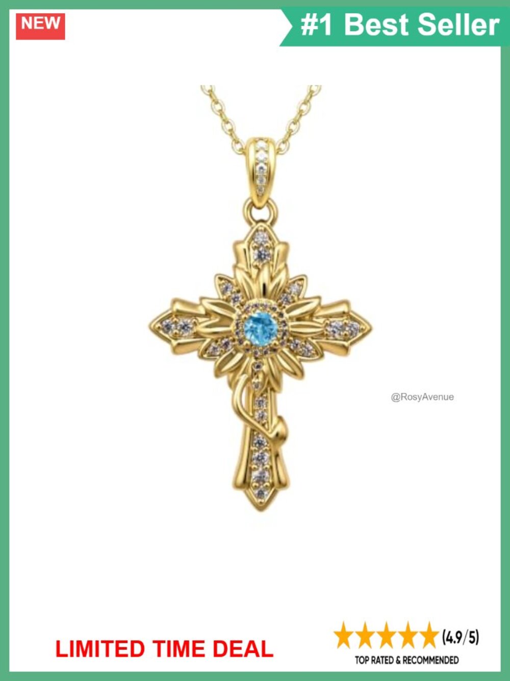 14K Gold-Plated Sunflower Cross Pendant Necklace with Cubic Zirconia